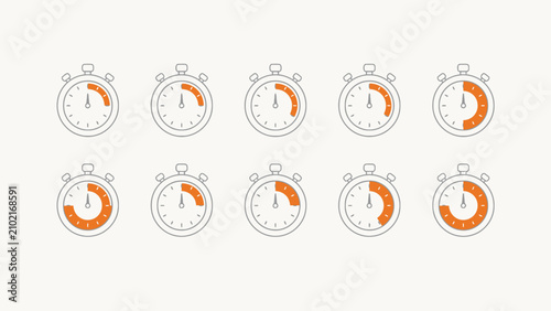 Stopwatch indicator collection. Modern timer icons with orange progress bars for fitness apps, productivity tools and dashboard interfaces.