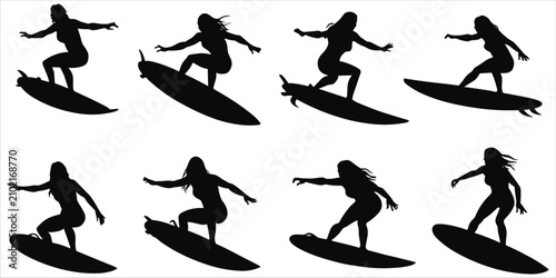 Photography Eight Silhouettes of Women Surfing vector illustration