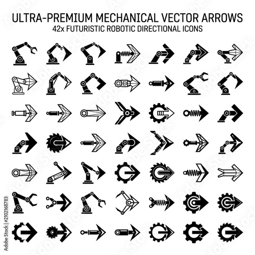 Futuristic Mechanical Robotic Arrow Icons Set for Industrial Technology Design