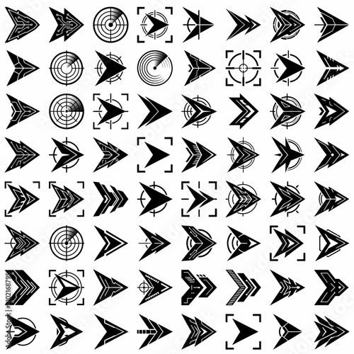 Cyber HUD Navigation Arrows and Radar Target Icon Set for UI Design