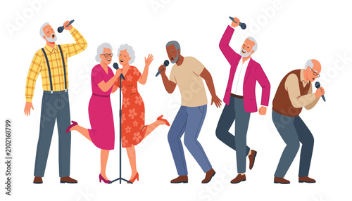Active senior citizens singing karaoke vector collection featuring happy elderly people dancing, performing music, and enjoying retirement lifestyle party