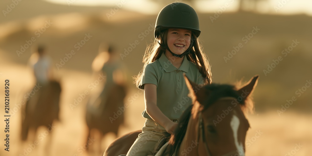Obraz premium cheerful young girl wearing safety helmet riding a brown horse in golden sunlight, concept for equestrian sports, youth outdoor recreation and summer camp