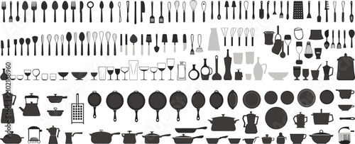 Foto Large collection of kitchen utensils and cookware silhouettes on white backgroun