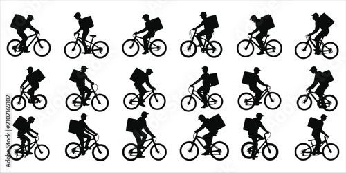 Photos Silhouette delivery cyclists with insulated bags on bicycles in rows Keywords: d