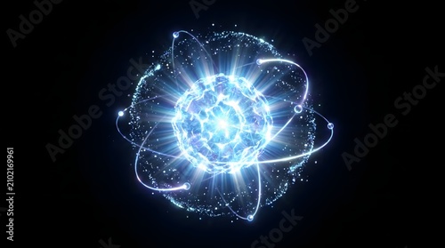 Glowing Atomic Energy Core Surrounded by Orbital Electrons and Radiant Particles in Deep Space Concept