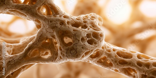 Macro view of microscopic porous bone structure with cracked texture and cavities under warm lighting, concept for medical education, osteoporosis research and clinical presentation