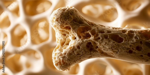 Close up of porous human bone showcasing weak trabecular structure on a blurred background, concept for medical education, osteoporosis diagnosis and orthopedic research