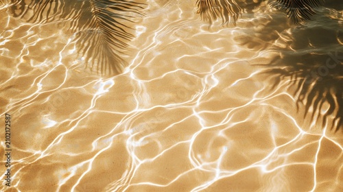 Golden sunlight patterns on water surface with palm leaf shadows.