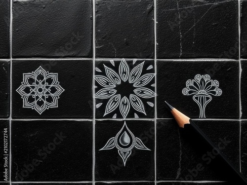 Intricate Mandala and Decorative Floral Designs Sketched in White on a Dark Black Grid Background with a Pencil