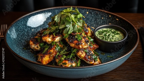 Grilled seafood with a cilantro-lime sauce.