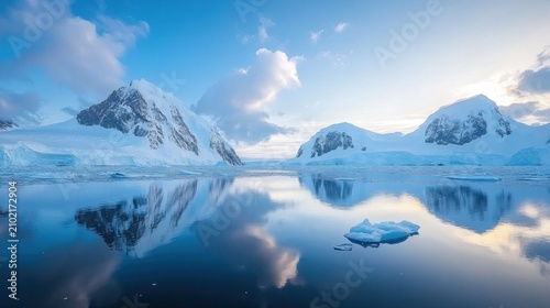 Snow-capped mountains reflected in a calm glacial lake.