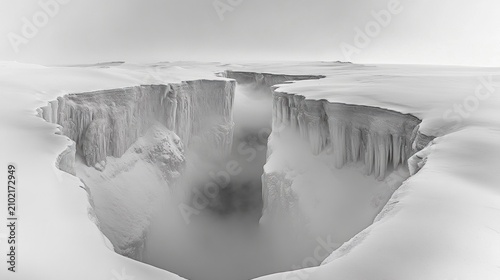 Ice-covered canyon in a pristine white landscape.
