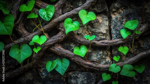 Heart-shaped leaves clinging to a stone wall.