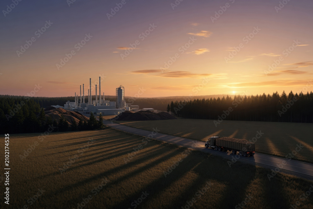 Fototapeta premium Factory industrial power energy forest sunset truck road transportation landscape Modern factory industrial power energy forest sunset truck road transportation Biomass energy production concept