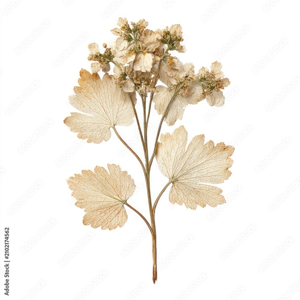 Obraz premium Pressed dried flower with delicate petals and leaves on a white background.