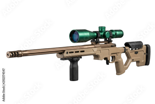 фотографія Custom Precision Sniper Rifle with Metallic Green Scope and Tan Chassis