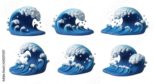 cartoon waves breaking in a series on white different wave shapes for graphic design and illustration