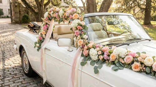 White wedding convertible decorated with flowers. Luxury vintage car for bridal transport.
