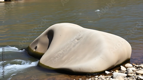 A smooth, curved rock shaped by a flowing stream on a riverbank.