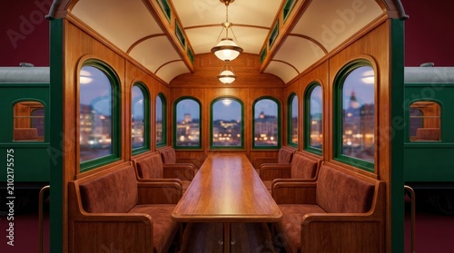 Vintage train carriage interior. Classic wooden railway car with luxury dining seating.