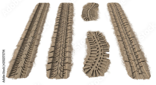 tire tracks in dirt overhead view of tire treads on brown soil with off road vehicle patterns against a white background texture