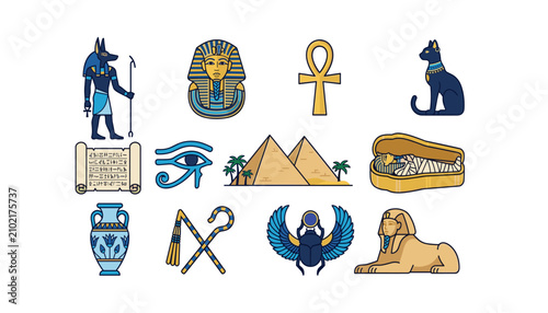 Fotografie PrintEgyptian icon set with pharaoh mask pyramids anubis sphinx scarab ankh eye