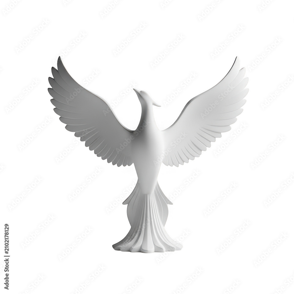 Obraz premium White dove sculpture soaring upwards with wings spread in soft studio lighting isolated on transparent background