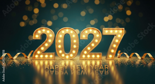 Golden illuminated 2027 new year sign with bokeh lights and confetti celebration