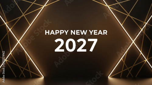 Happy New Year 2027 golden neon sign on dark brown background for festive celebrations