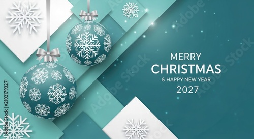 Festive christmas ornaments and snowflakes with merry christmas and happy new year text