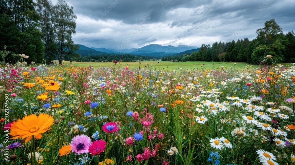 Obraz premium rolling green meadow beneath dramatic colorful clouds