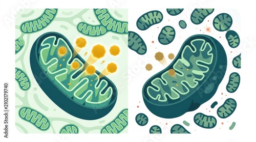 Illustration shows mitochondria in a cross section highlighting their role in cellular activities impacting health and aging