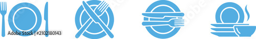 Foto Set of blue dinnerware and cutlery icons illustrating table settings and dining