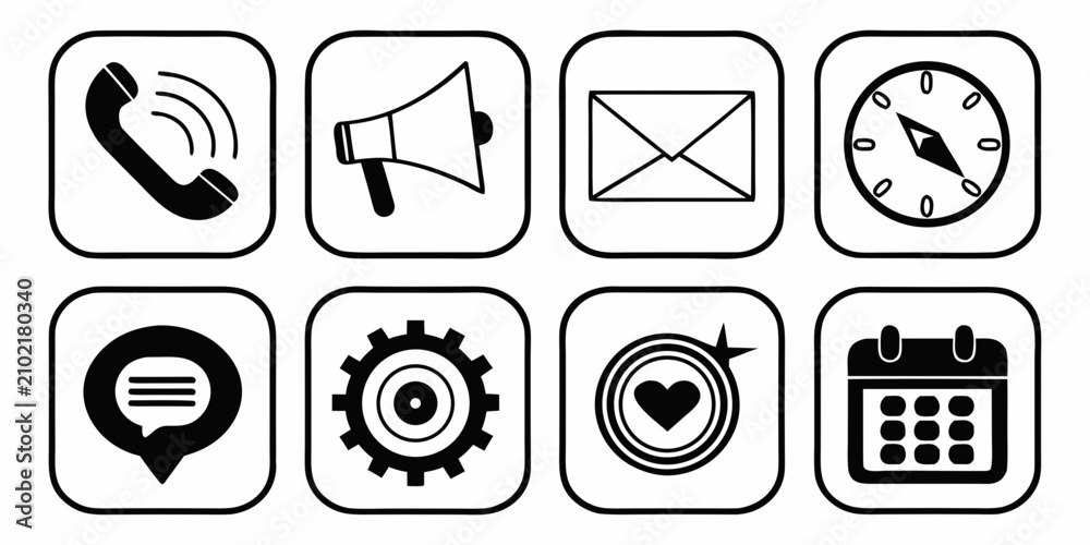 Fototapeta premium Set of nine smartphone app featuring black silhouettes on white app black silhouettes