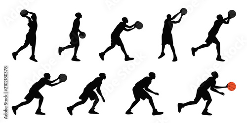 Bild auf Leinwand Black silhouette of basketball players in dynamic poses, style black silhouettes