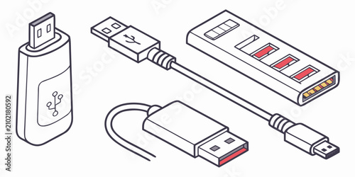 Obraz na płótnie Set of eight usb including cable, flash drive, adapter, and connector usb cable