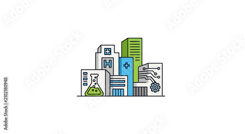 Urban city infrastructure with medical and tech icons