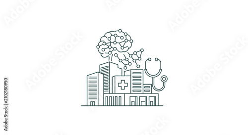 Urban hospital cityscape with brain and stethoscope icon