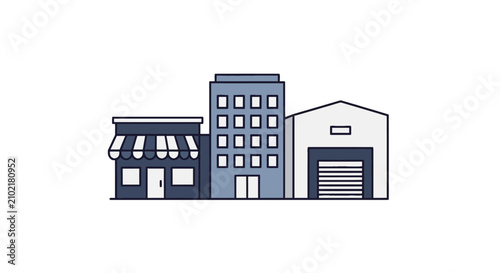 Urban cityscape with storefront, apartment and warehouse.