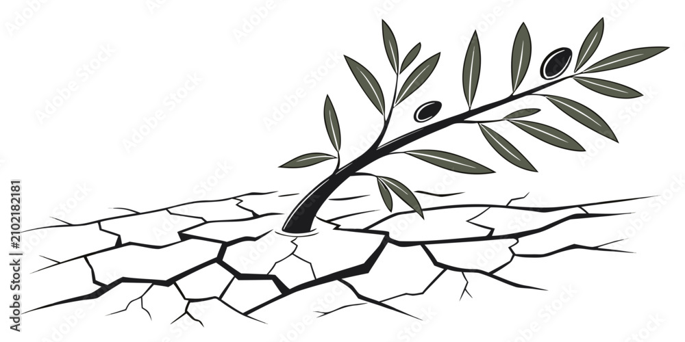 Obraz premium Olive branch with leaves sprouting through cracked earth, symbol of hope and renewal