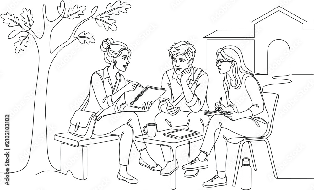 Fototapeta premium Continuous One Line Students Studying Together Outdoor Discussion Illustration