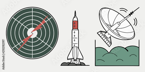 Foto Radar dish with missile trajectory, satellite dish, and submarine outline red mi