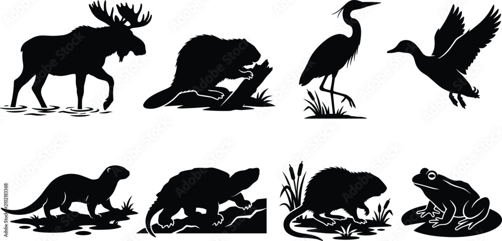 Fototapeta premium Black silhouette icon set of wetland wildlife animals including a moose, beaver, heron, duck, turtle, and frog.