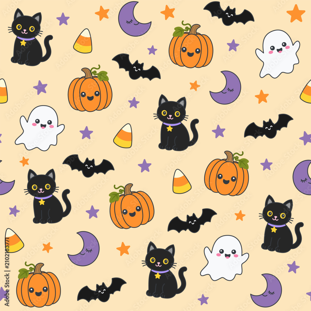 Obraz premium Cute-Halloween-Seamless-Pattern-with-Black-Cat-Pumpkin-Ghost-Moon-Bat-and-Candy-Corn-on-Warm-Yellow-Background