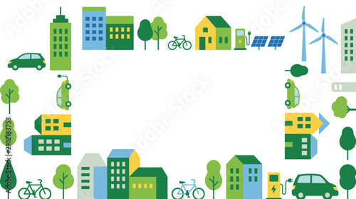 Vibrant green city illustration depicting sustainable urban development, eco-friendly transport, and renewable energy infrastructure for a healthier planet