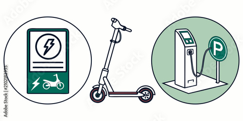 Fotografie Electric scooter transport riding and parking bicycle parking meter transport ur