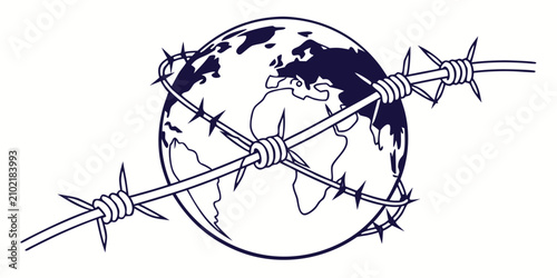 Foto Globe encircled by barbed wire, symbolizing global conflict and tension