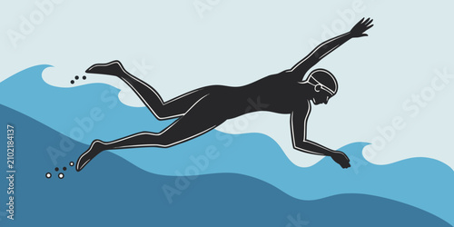 Fényképezés Black silhouette of a swimmer in mid-dive diving mid-air swimming pool