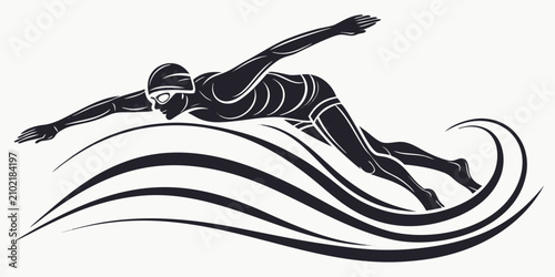 Tableau sur toile Black silhouette of freestyle swimmer mid-stroke freestyle stroke swimming athle