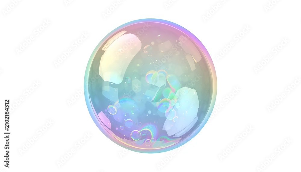 Obraz premium Realistic soap bubble with shimmering rainbow iridescence, isolated as a transparent PNG overlay for creative design.